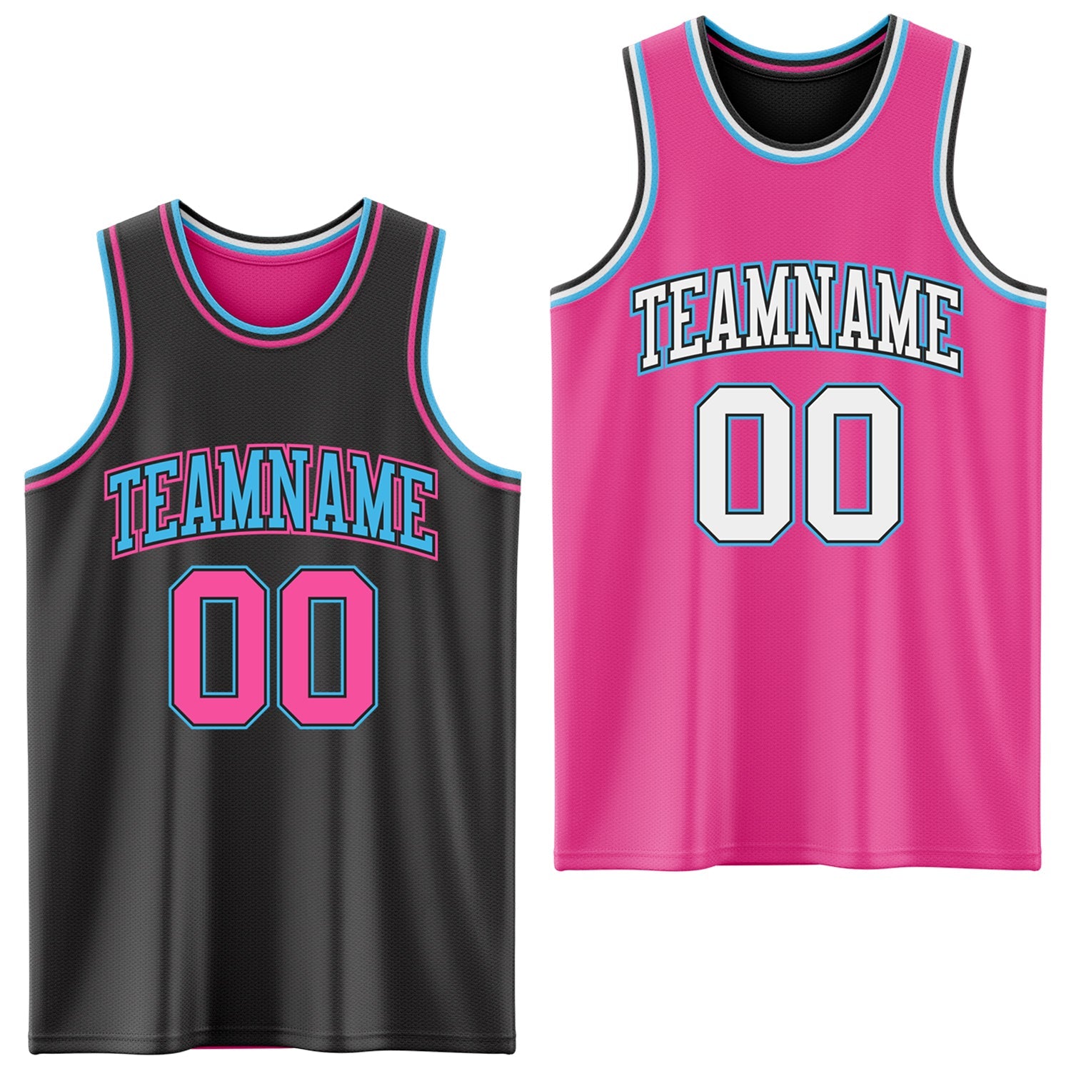 Custom Reversible Black Pink-Sky Blue Double Side Sublimation Basketball Set Jersey - Main View