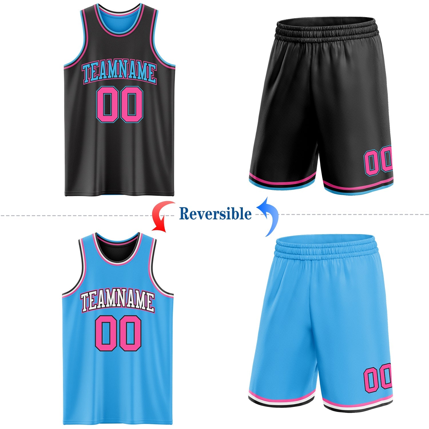 Custom Reversible Black Pink-Sky Blue Double Side Sublimation Basketball Set Jersey view 2