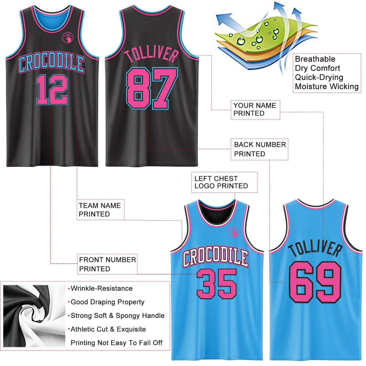 Custom Reversible Black Pink-Sky Blue Double Side Sublimation Basketball Set Jersey view 5