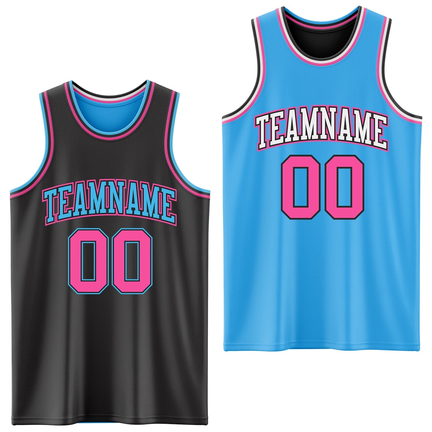 Custom Reversible Black Pink-Sky Blue Double Side Sublimation Basketball Set Jersey - Main View