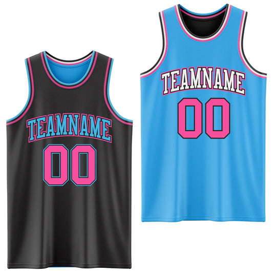 Custom Reversible Black Pink-Sky Blue Double Side Sublimation Basketball Set Jersey - Main View