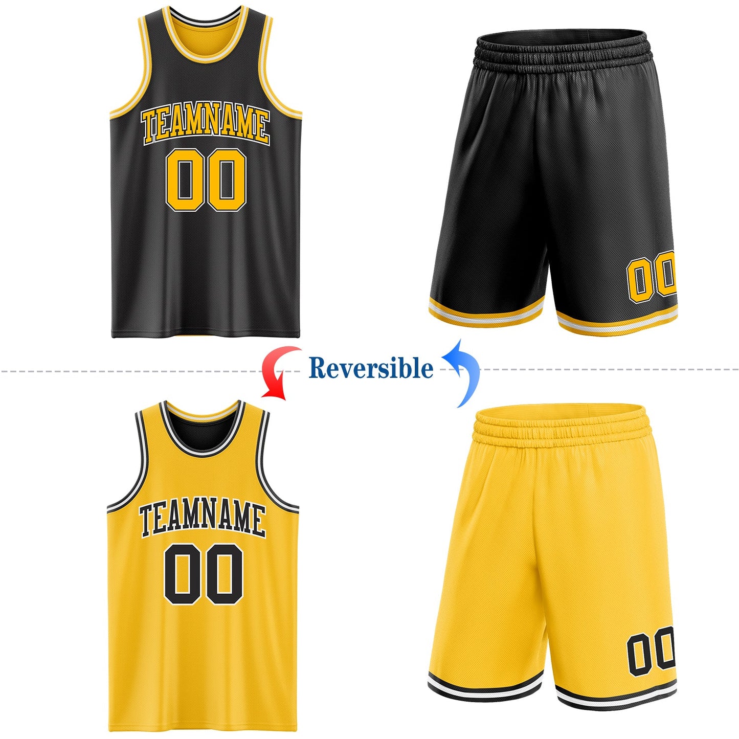 Custom Reversible Black Gold-White Double Side Sublimation Basketball Set Jersey view 2