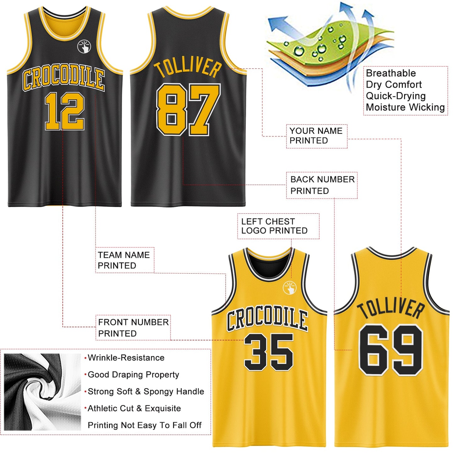 Custom Reversible Black Gold-White Double Side Sublimation Basketball Set Jersey view 5