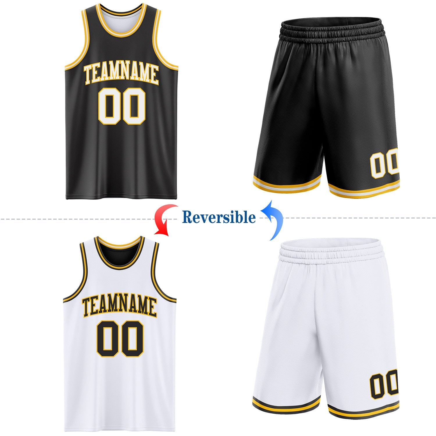 Custom Reversible Black White-Gold Double Side Sublimation Basketball Set Jersey view 2
