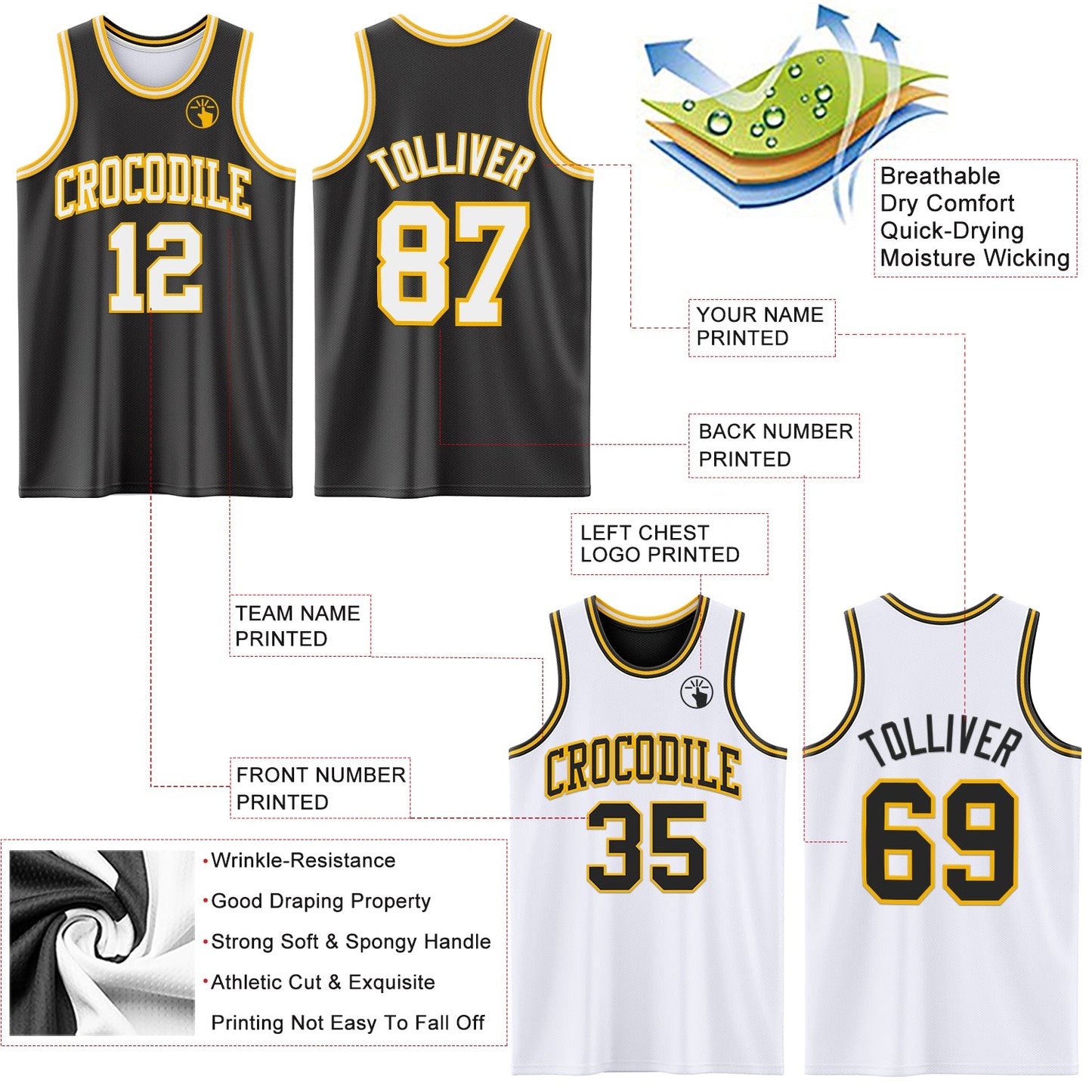 Custom Reversible Black White-Gold Double Side Sublimation Basketball Set Jersey view 5