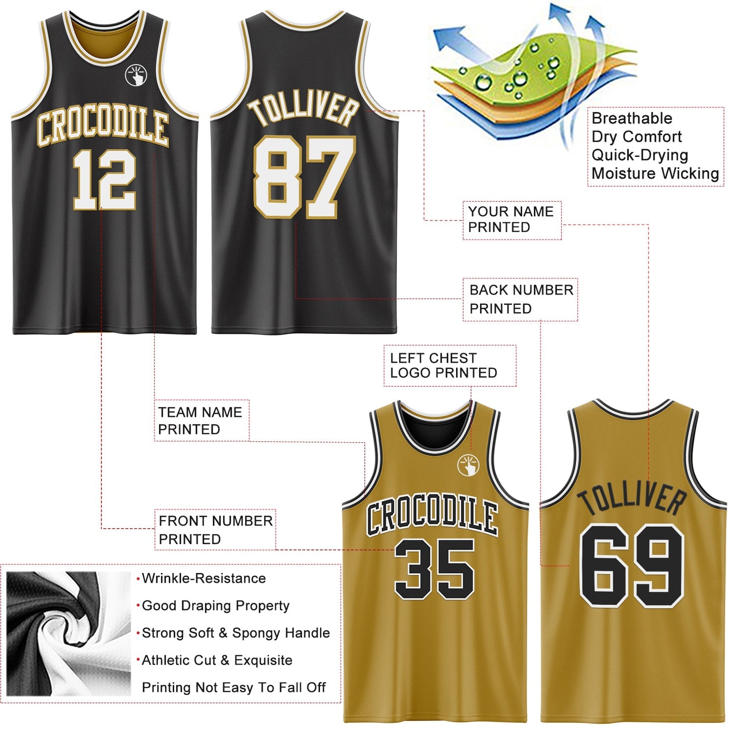 Custom Reversible Black White-Old Gold Double Side Sublimation Basketball Set Jersey view 5