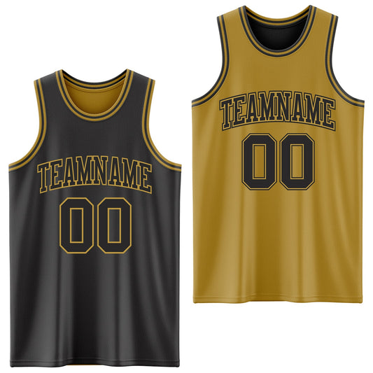 Custom Reversible Black Old Gold Double Side Sublimation Basketball Set Jersey - Main View