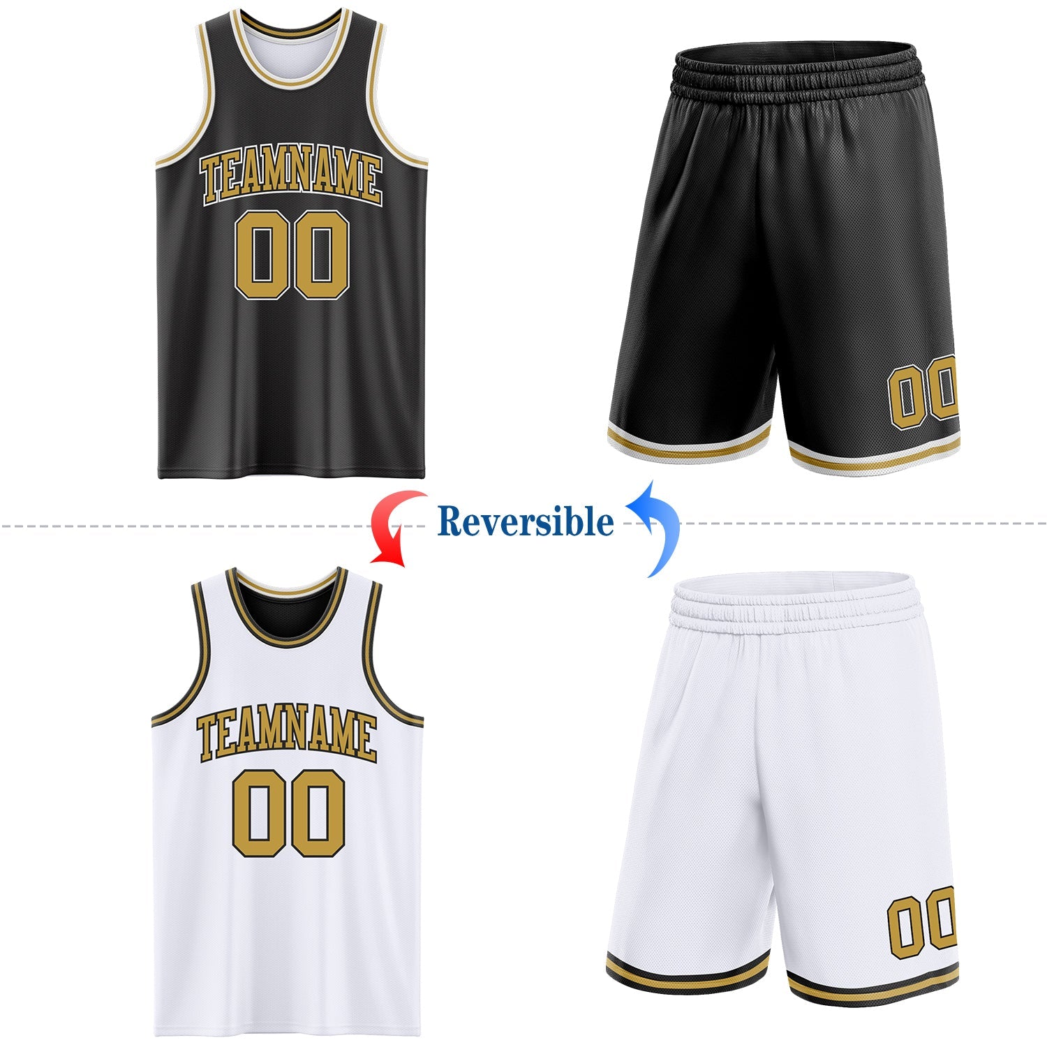 Custom Reversible Black Old Gold-White Double Side Sublimation Basketball Set Jersey view 2