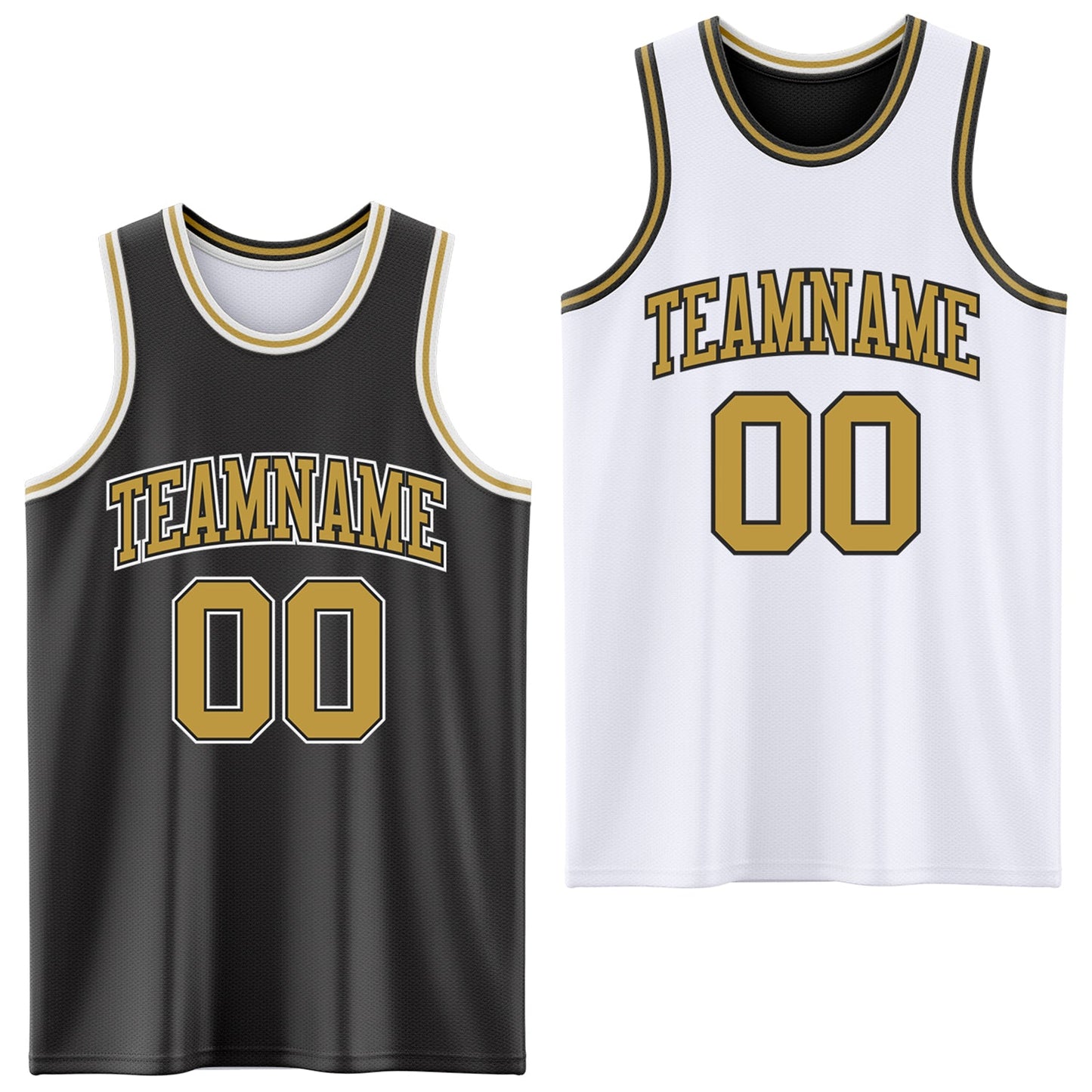 Custom Reversible Black Old Gold-White Double Side Sublimation Basketball Set Jersey - Main View