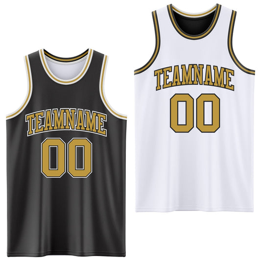 Custom Reversible Black Old Gold-White Double Side Sublimation Basketball Set Jersey - Main View