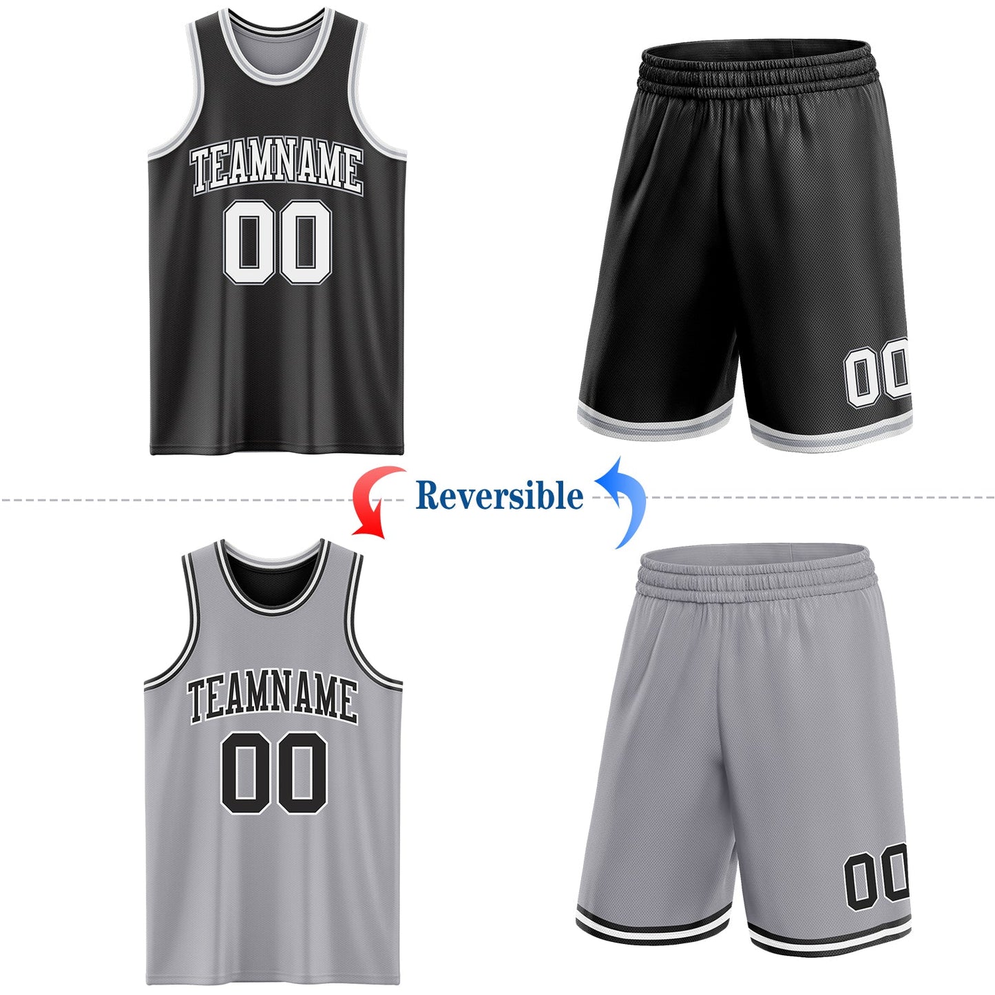Custom Reversible Black White-Gray Double Side Sublimation Basketball Set Jersey view 2