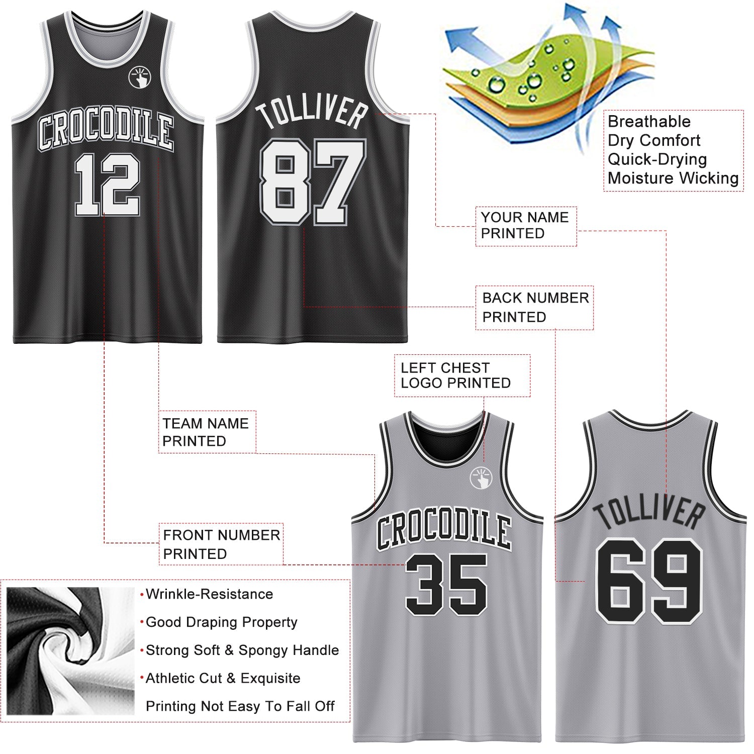 Custom Reversible Black White-Gray Double Side Sublimation Basketball Set Jersey view 5