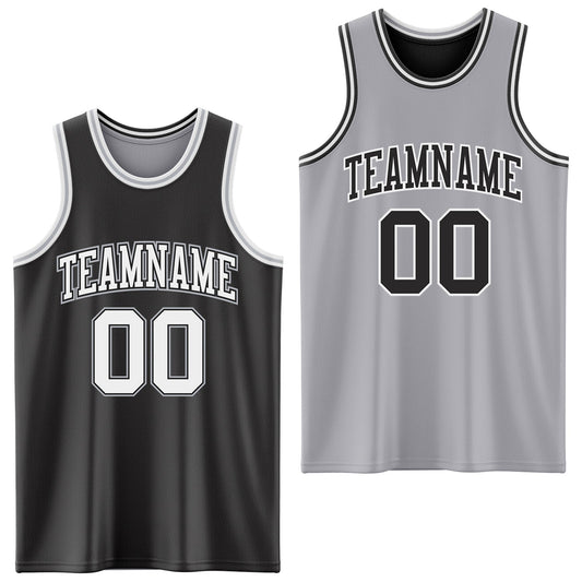 Custom Reversible Black White-Gray Double Side Sublimation Basketball Set Jersey - Main View