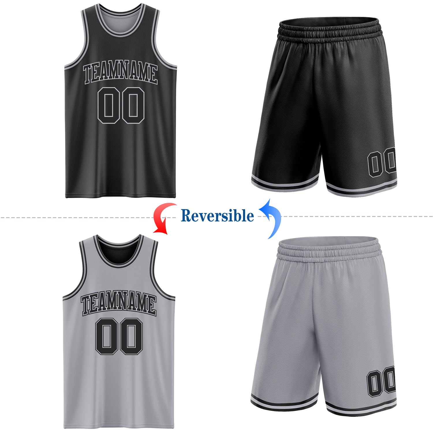Custom Reversible Black Gray Double Side Sublimation Basketball Set Jersey view 2