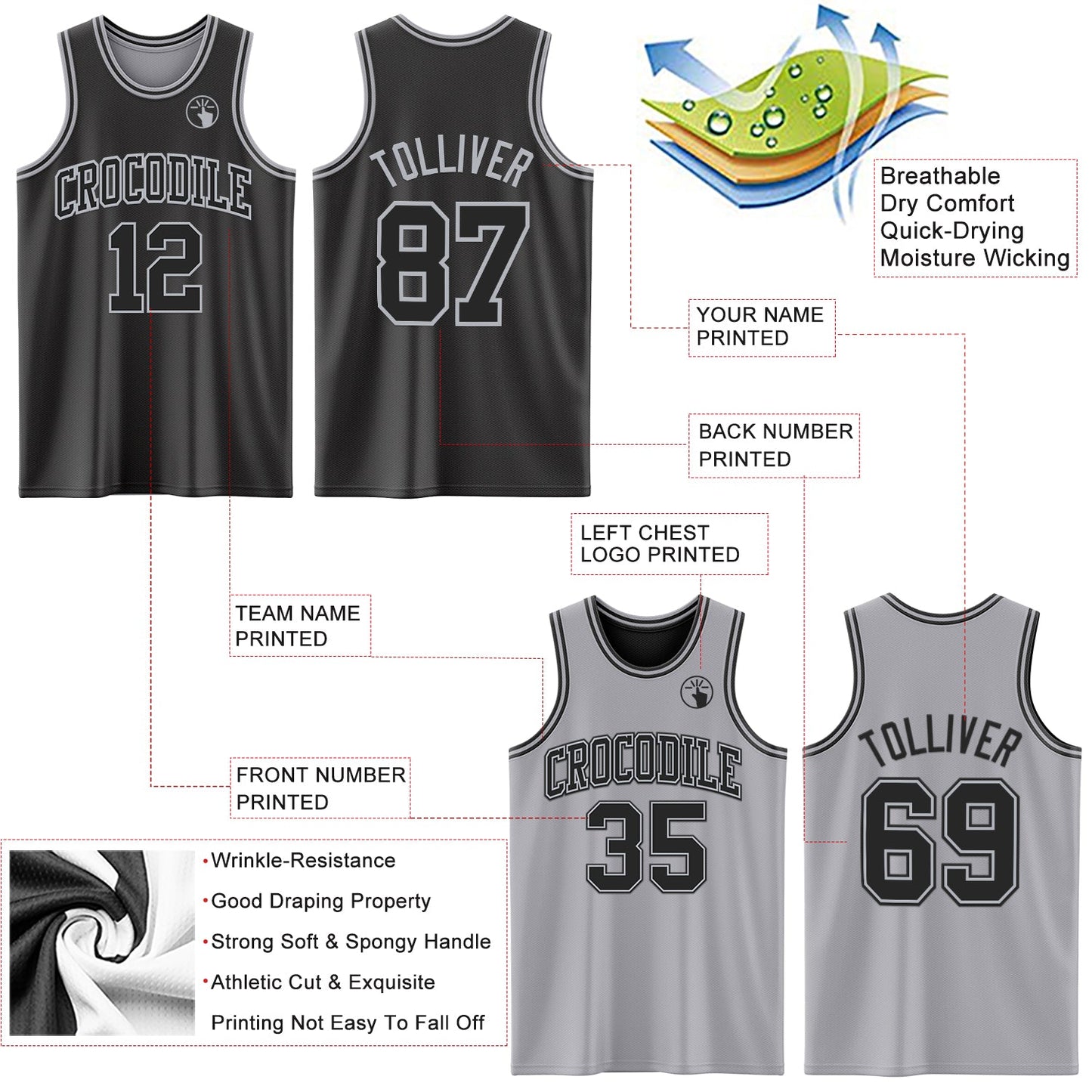 Custom Reversible Black Gray Double Side Sublimation Basketball Set Jersey view 5