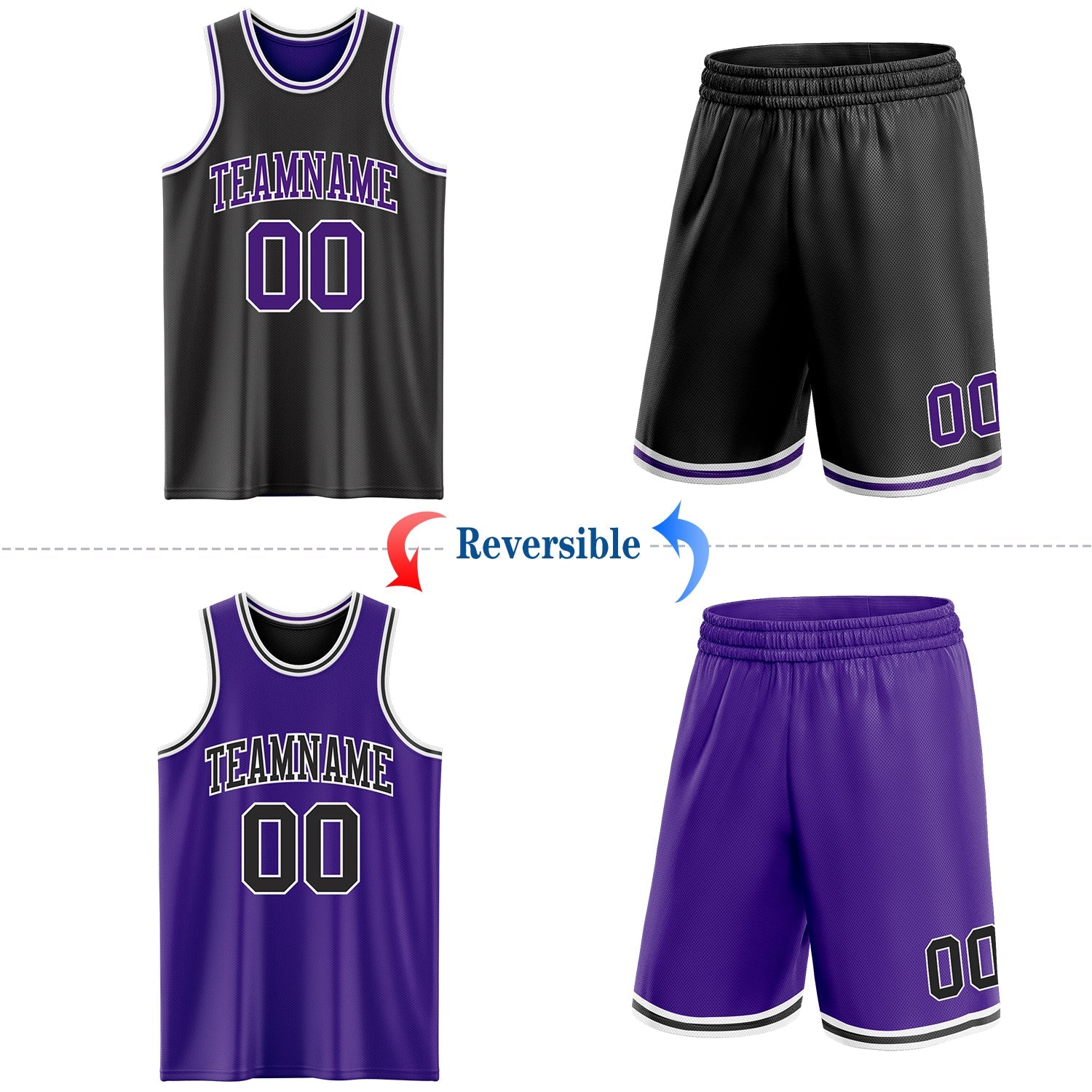 Custom Reversible Black Purple-White Double Side Sublimation Basketball Set Jersey view 2