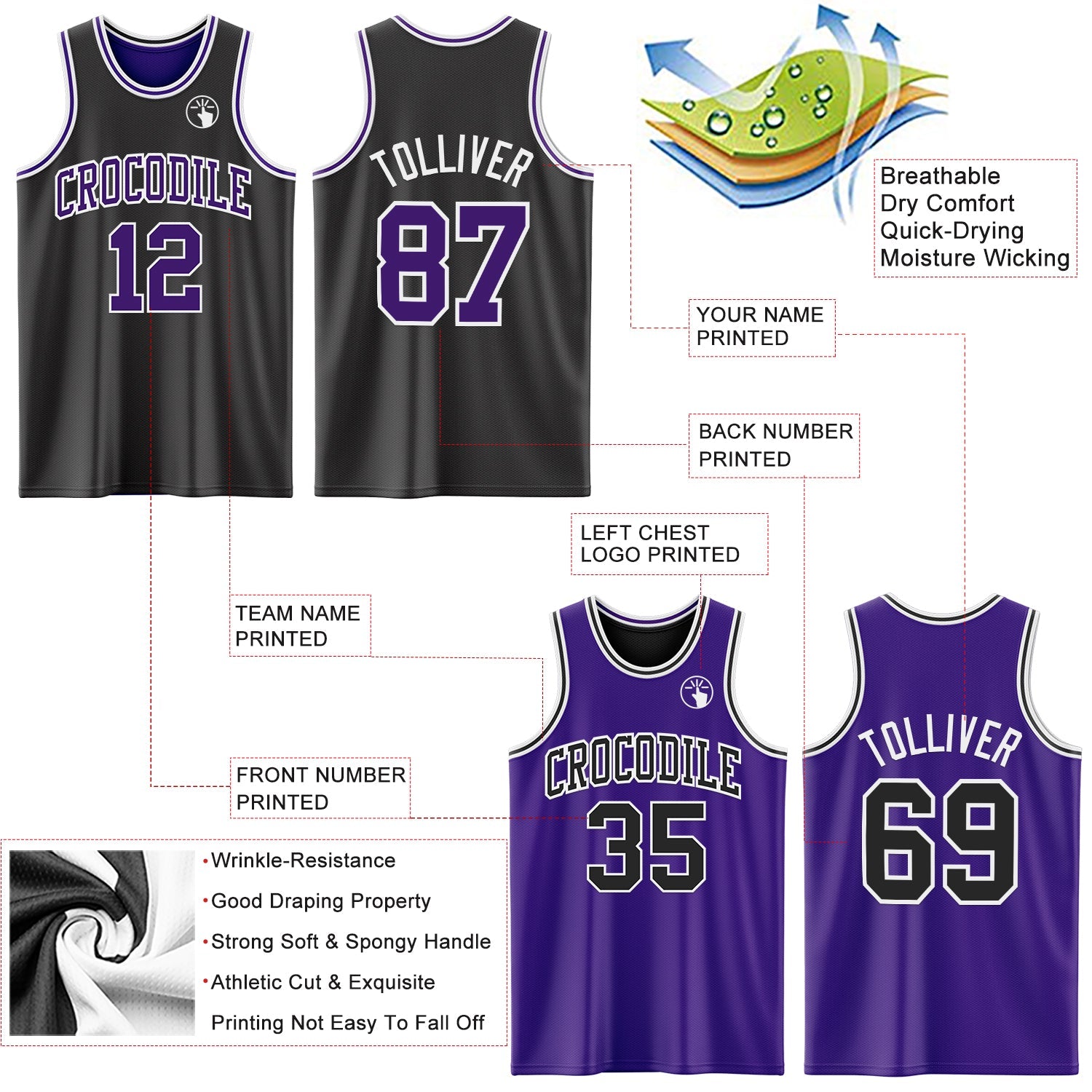 Custom Reversible Black Purple-White Double Side Sublimation Basketball Set Jersey view 5