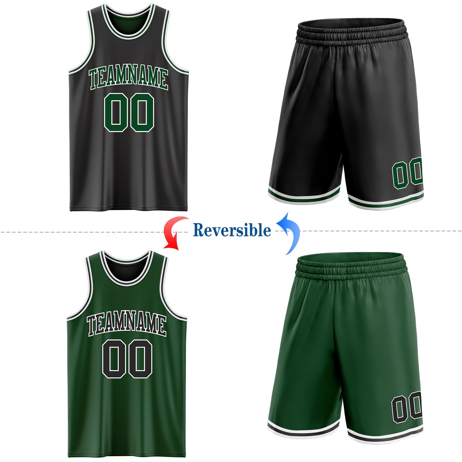 Custom Reversible Black Green-White Double Side Sublimation Basketball Set Jersey view 2