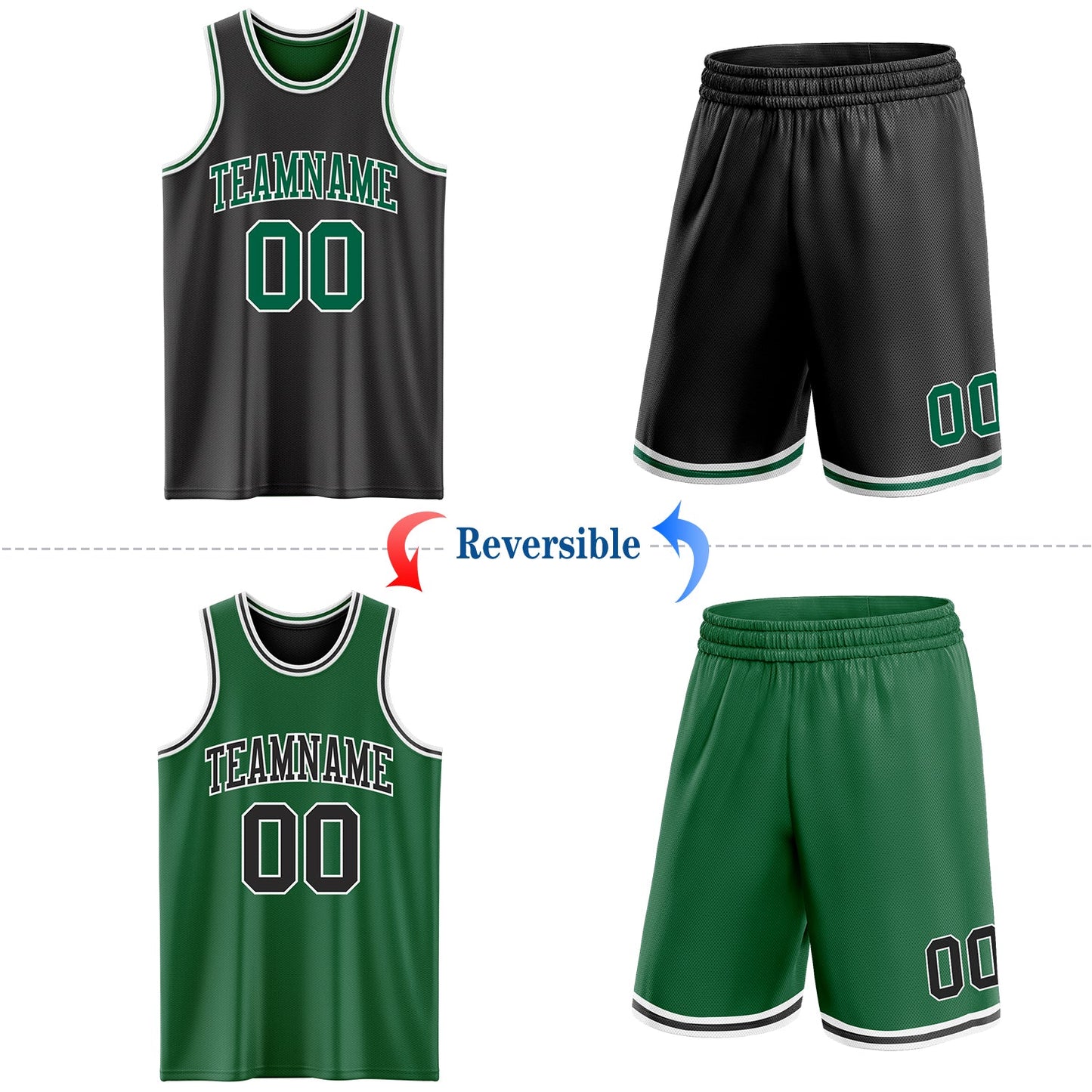 Custom Reversible Black Kelly Green-White Double Side Sublimation Basketball Set Jersey view 2