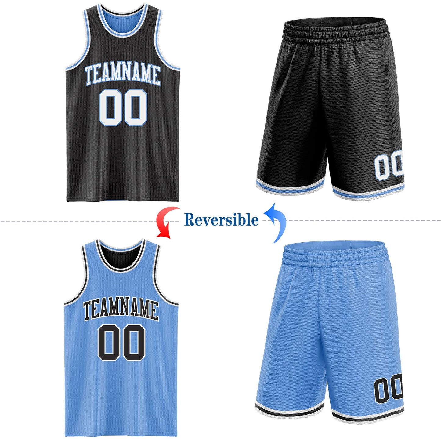 Custom Reversible Black White-Light Blue Double Side Sublimation Basketball Set Jersey view 2