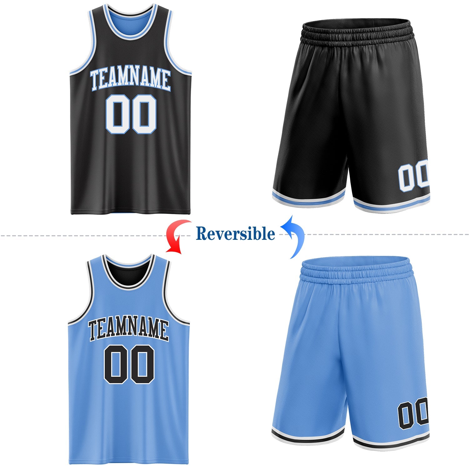 Custom Reversible Black White-Light Blue Double Side Sublimation Basketball Set Jersey view 2