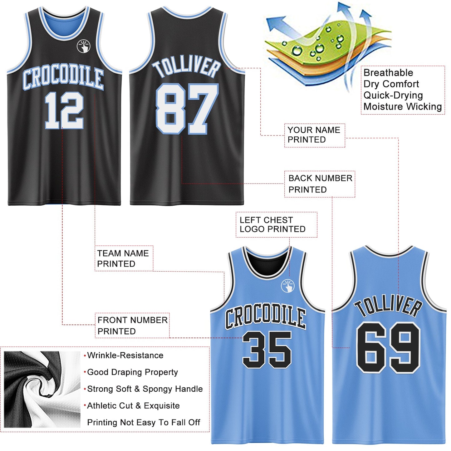 Custom Reversible Black White-Light Blue Double Side Sublimation Basketball Set Jersey view 5