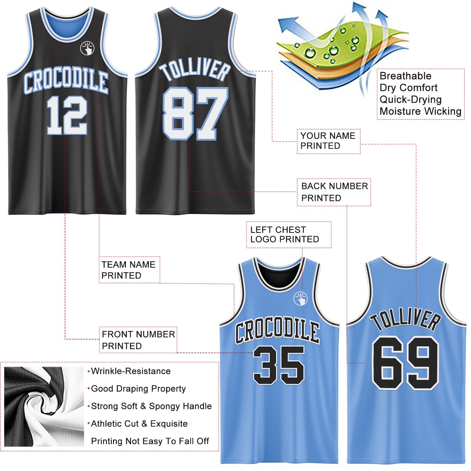 Custom Reversible Black White-Light Blue Double Side Sublimation Basketball Set Jersey view 5