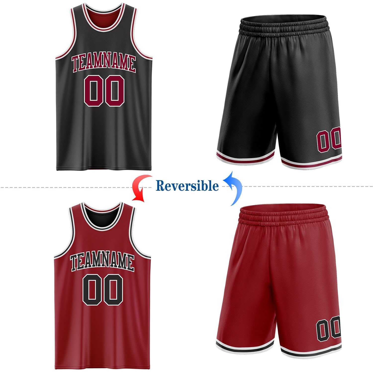 Custom Reversible Black Maroon-White Double Side Sublimation Basketball Set Jersey view 2