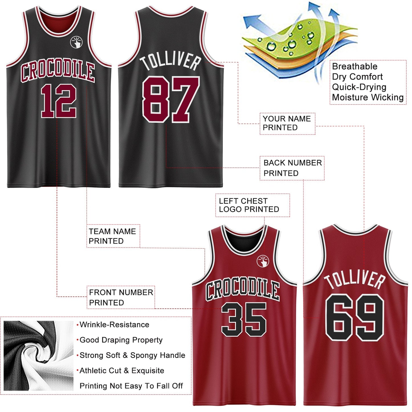 Custom Reversible Black Maroon-White Double Side Sublimation Basketball Set Jersey view 5