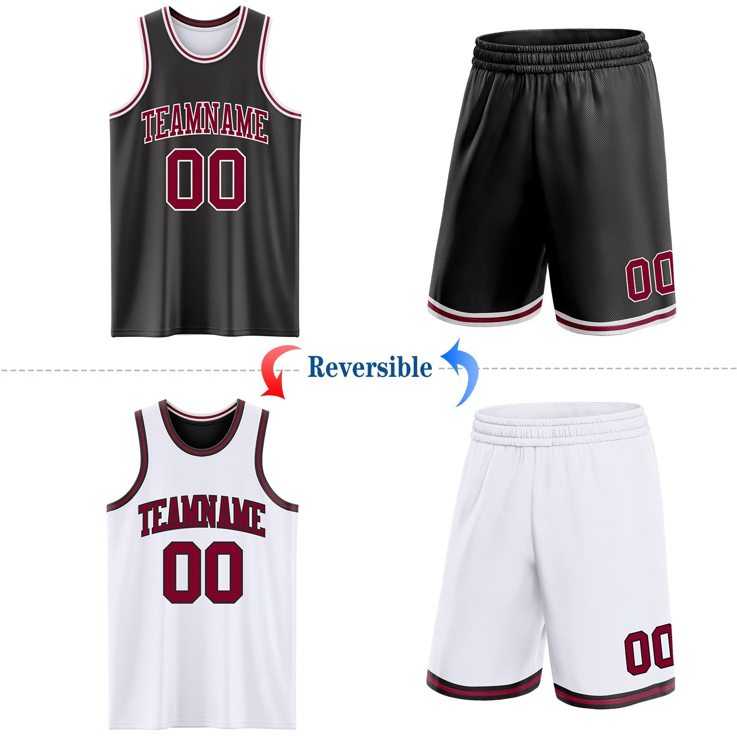 Custom Reversible Black Maroon-White Double Side Sublimation Basketball Set Jersey view 2