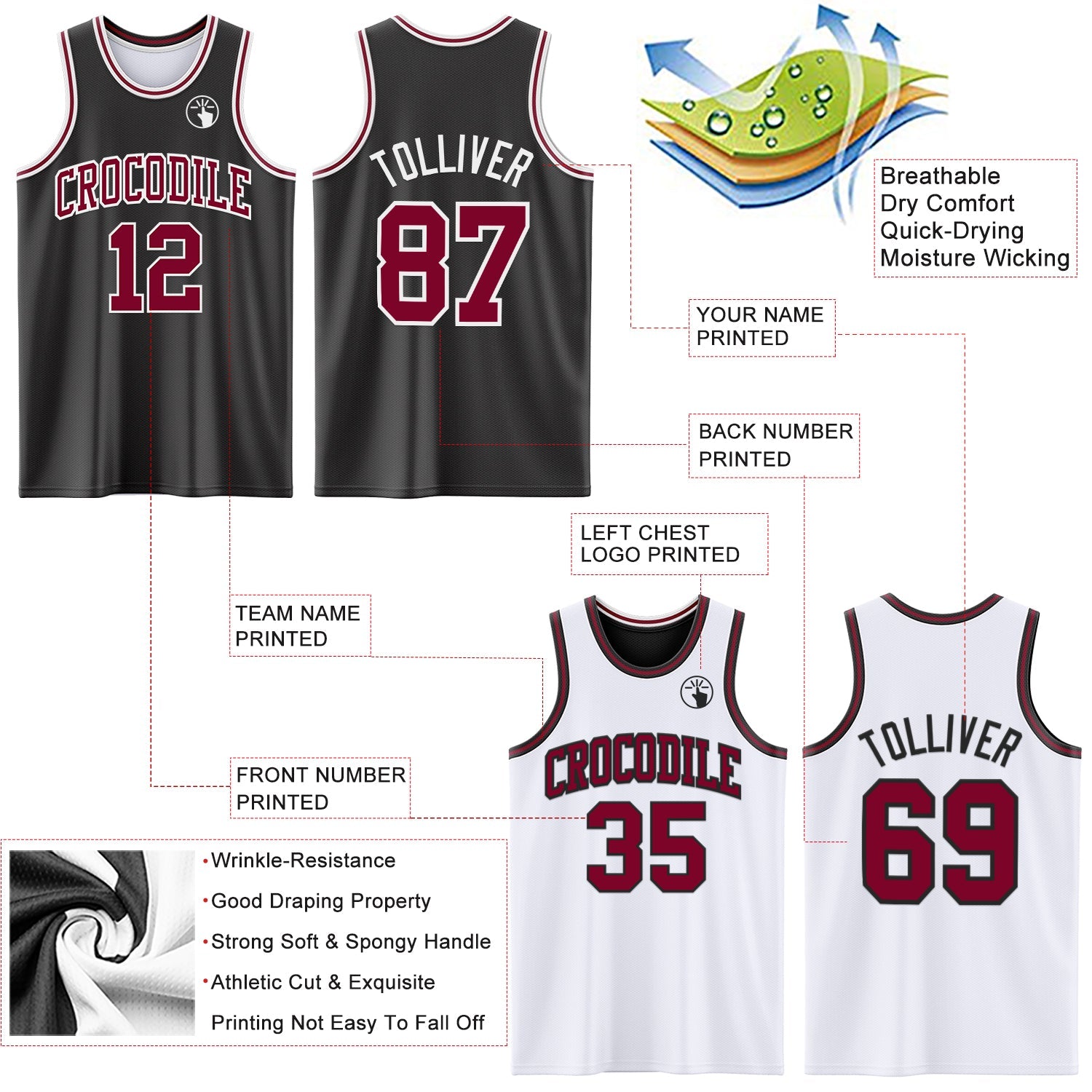 Custom Reversible Black Maroon-White Double Side Sublimation Basketball Set Jersey view 5