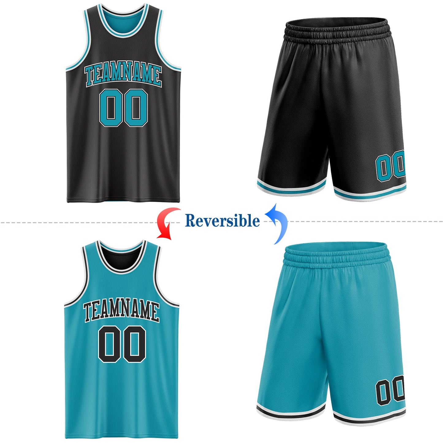 Custom Reversible Black Teal-White Double Side Sublimation Basketball Set Jersey view 2