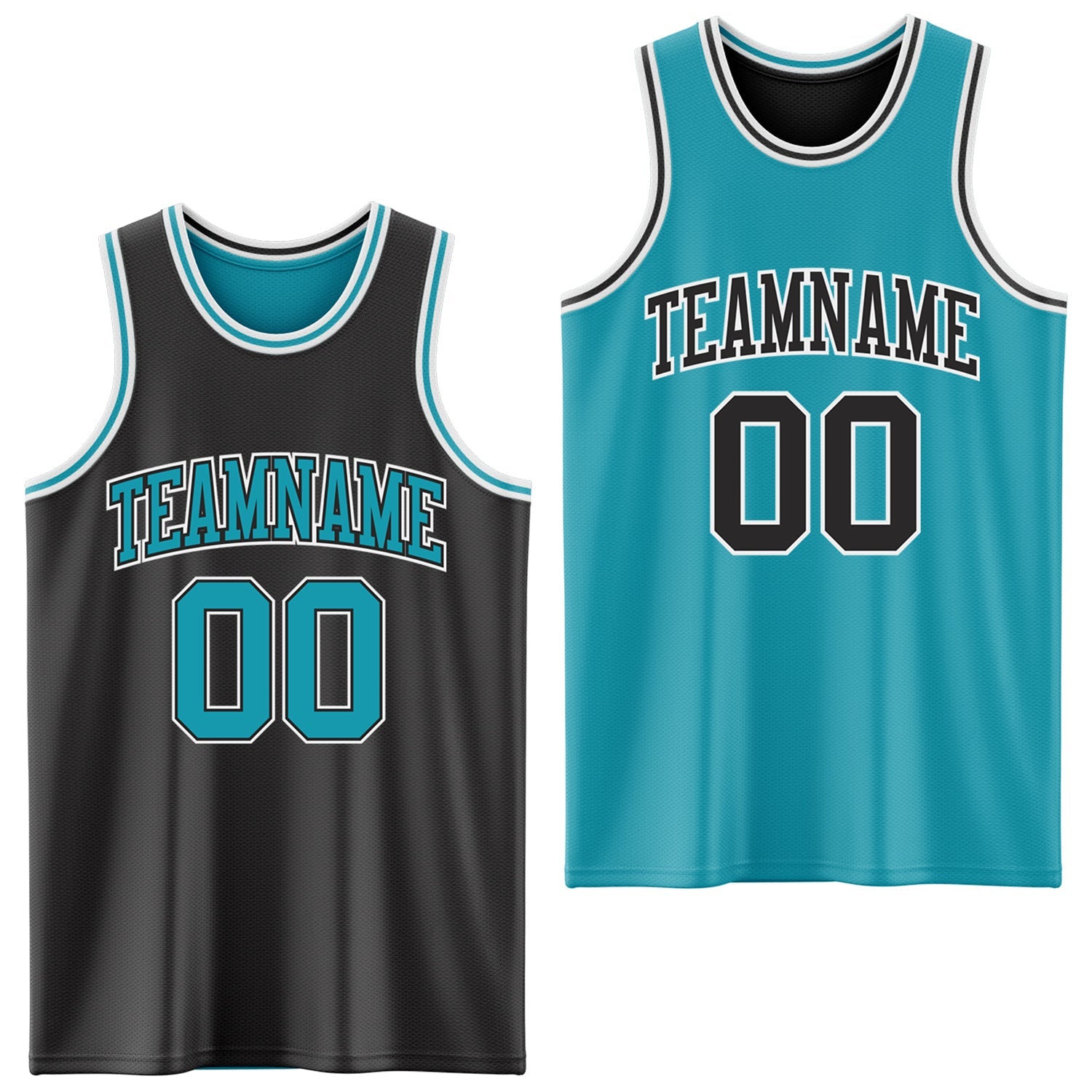 Custom Reversible Black Teal-White Double Side Sublimation Basketball Set Jersey - Main View