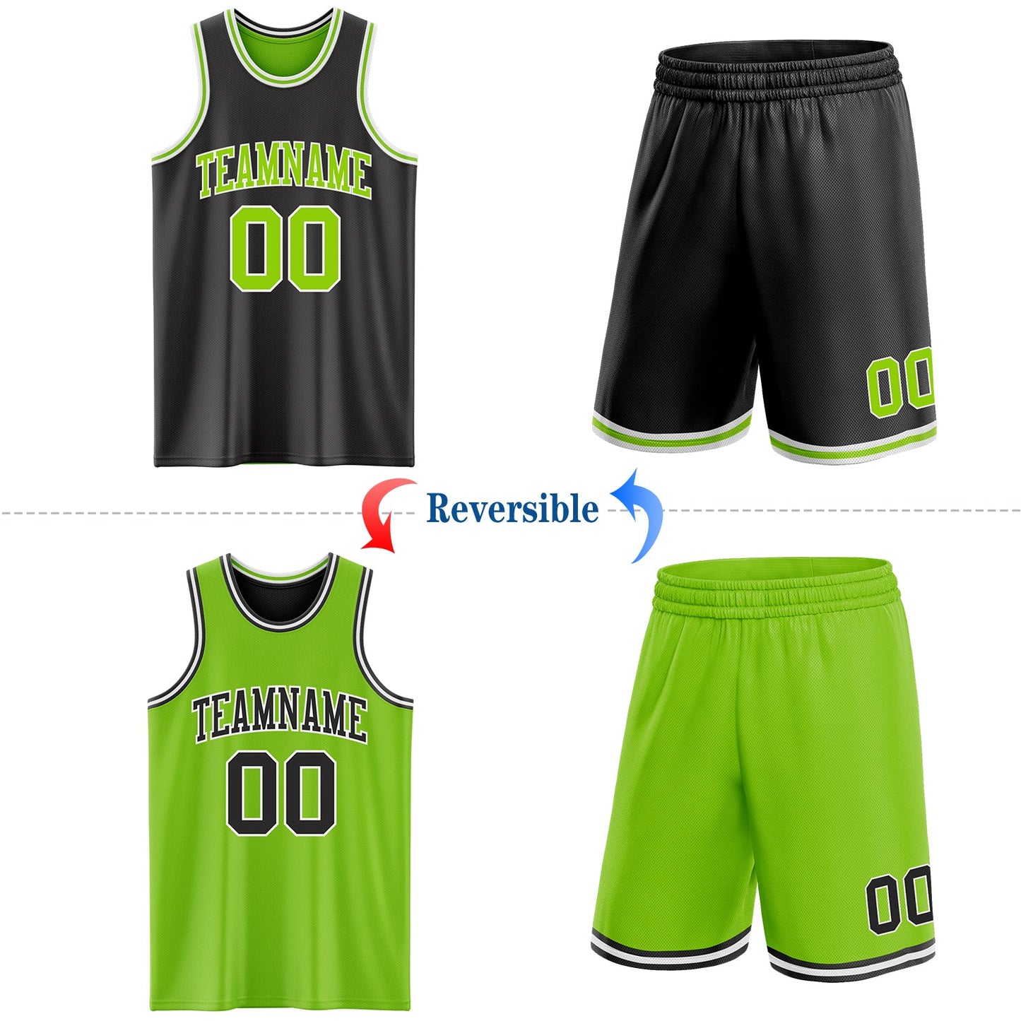 Custom Reversible Black Neon Green-White Double Side Sublimation Basketball Set Jersey view 2