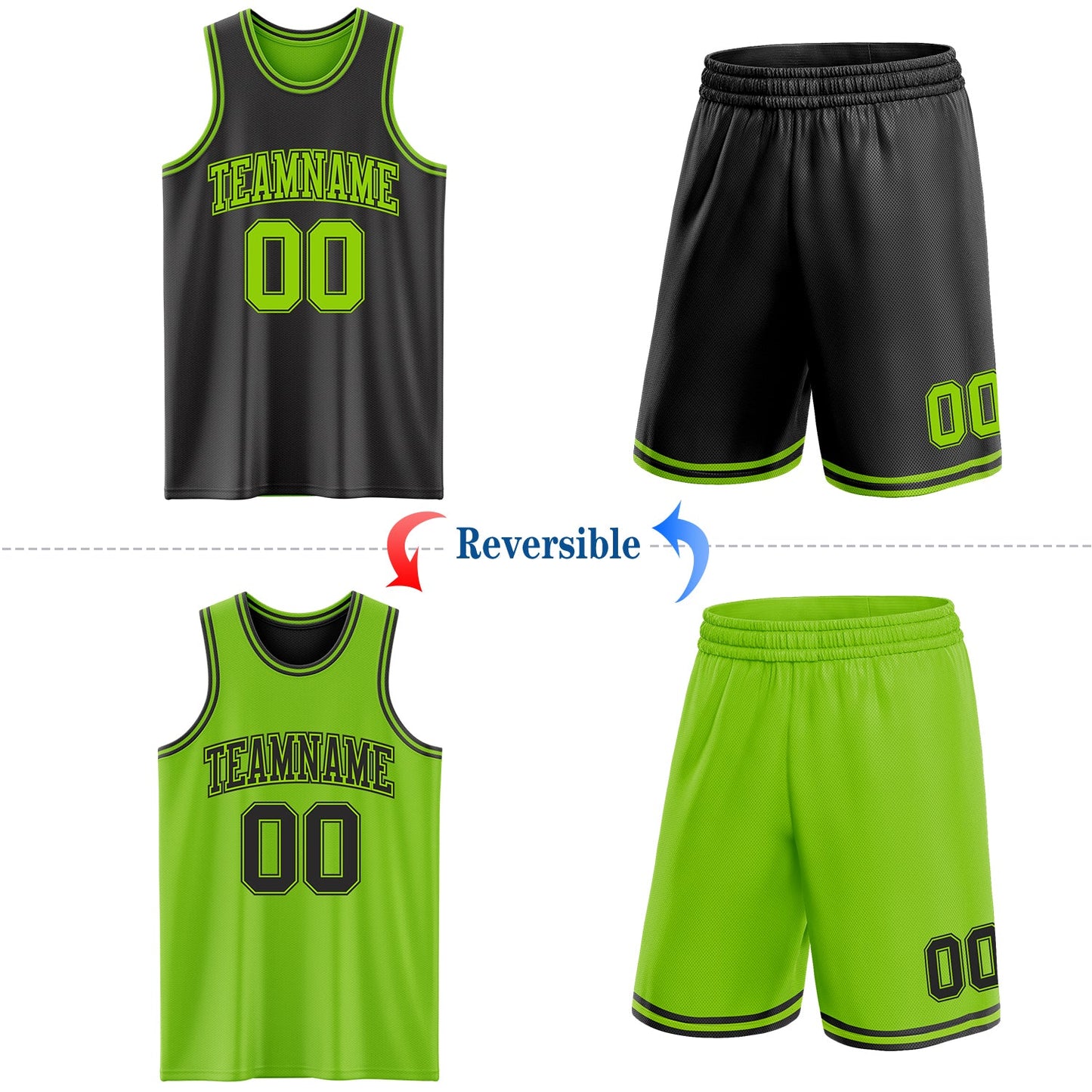 Custom Reversible Black Neon Green Double Side Sublimation Basketball Set Jersey view 2