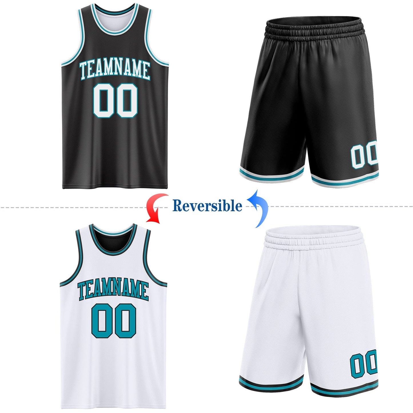 Custom Reversible Black White-Teal Double Side Sublimation Basketball Set Jersey view 2
