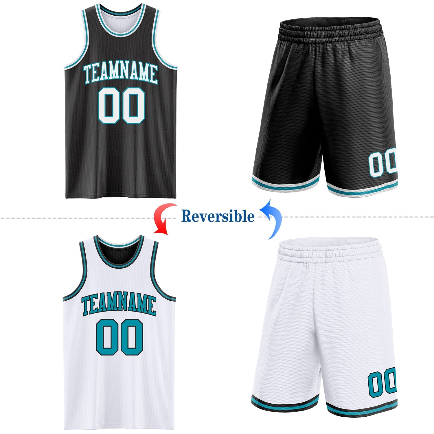 Custom Reversible Black White-Teal Double Side Sublimation Basketball Set Jersey view 2