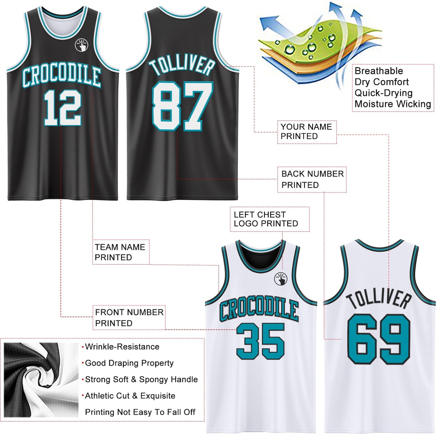Custom Reversible Black White-Teal Double Side Sublimation Basketball Set Jersey view 5