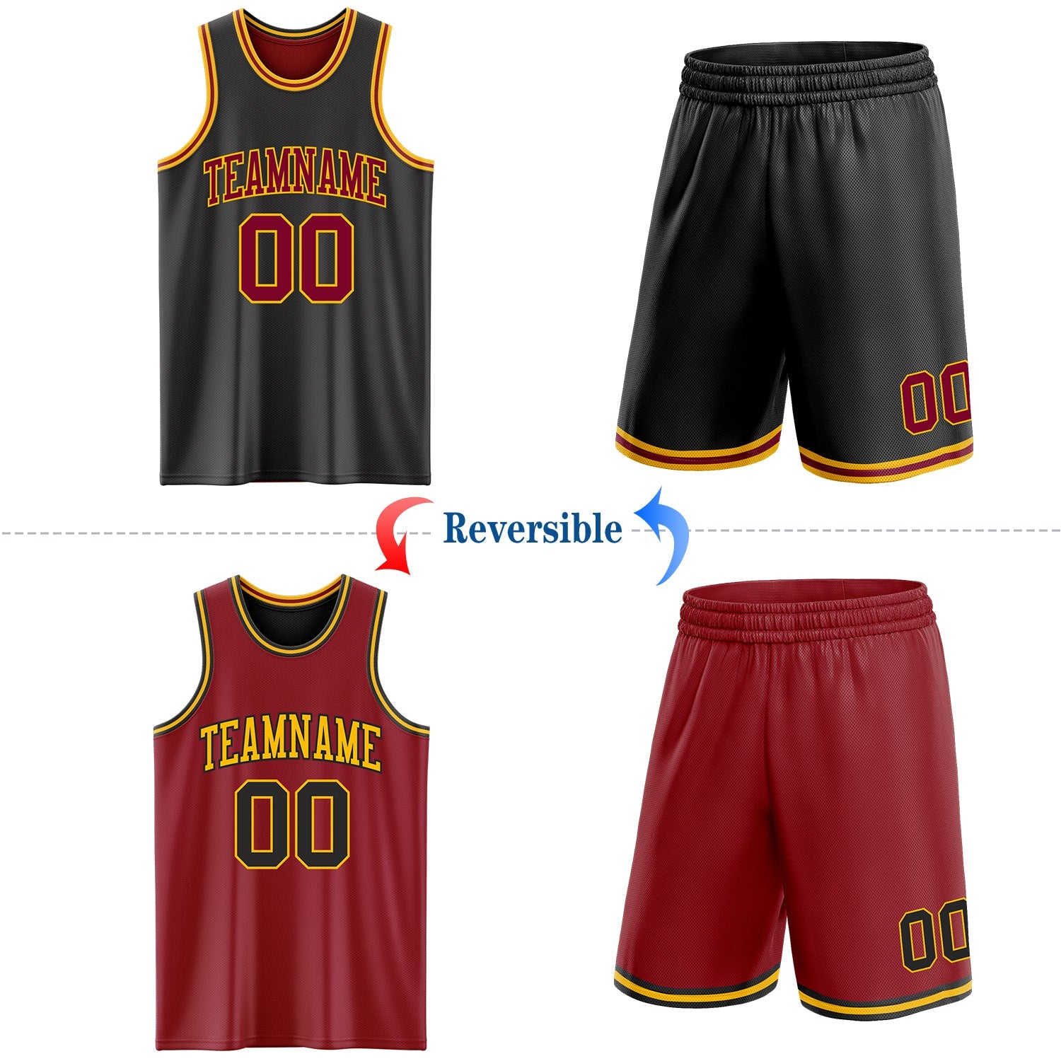 Custom Reversible Black Maroon-Gold Double Side Sublimation Basketball Set Jersey view 2