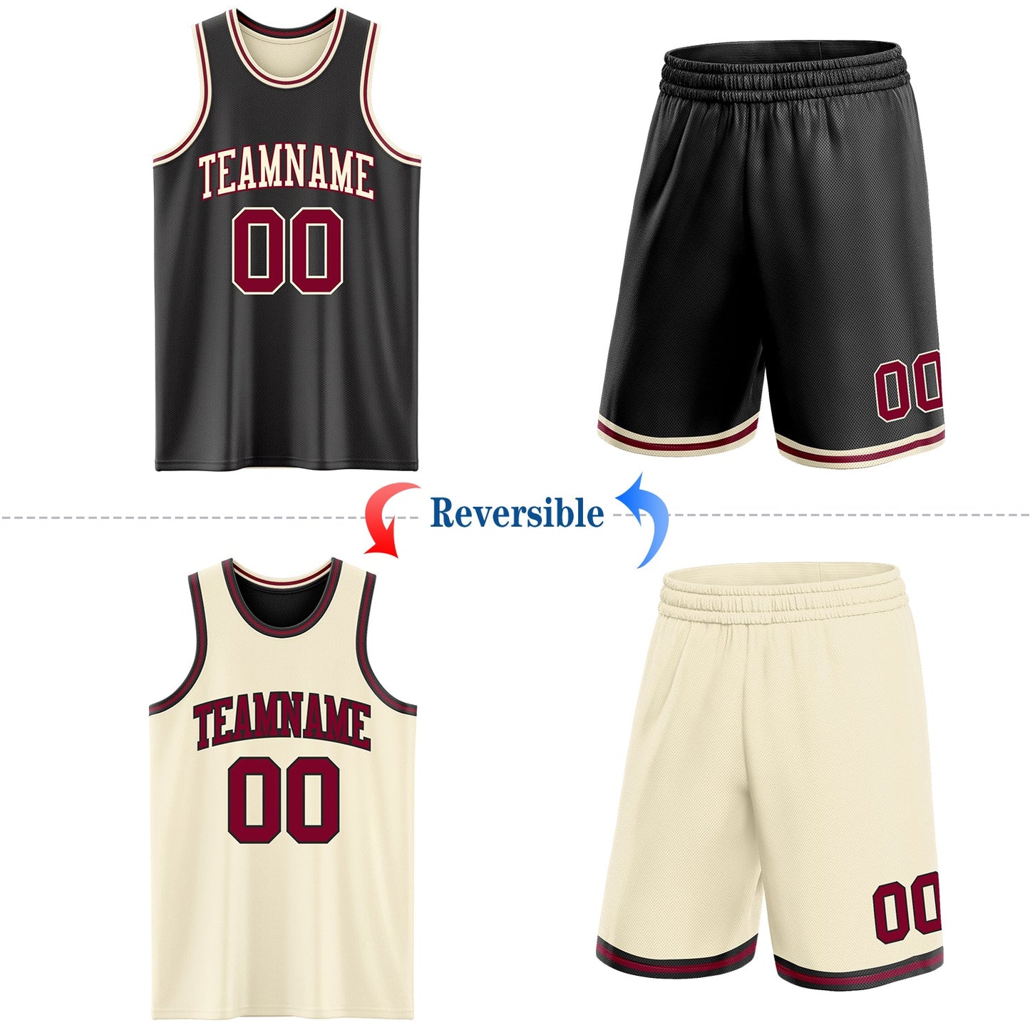 Custom Reversible Black Maroon-Cream Double Side Sublimation Basketball Set Jersey view 2