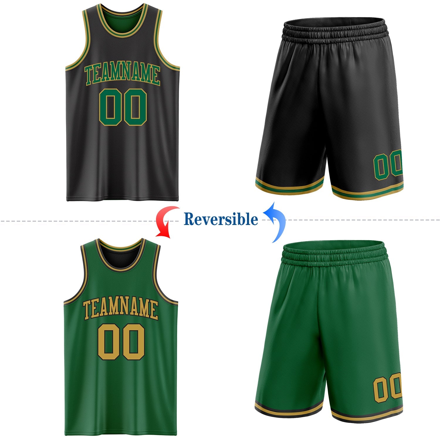 Custom Reversible Black Kelly Green-Old Gold Double Side Sublimation Basketball Set Jersey view 2