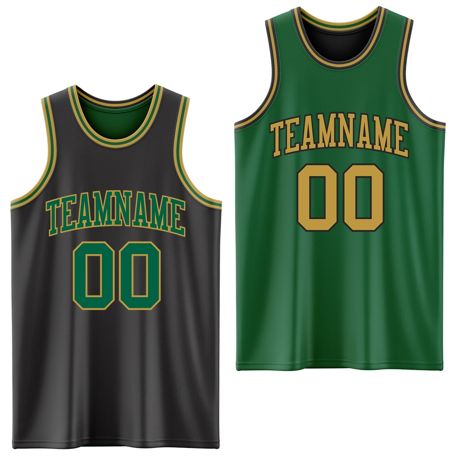 Custom Reversible Black Kelly Green-Old Gold Double Side Sublimation Basketball Set Jersey - Main View