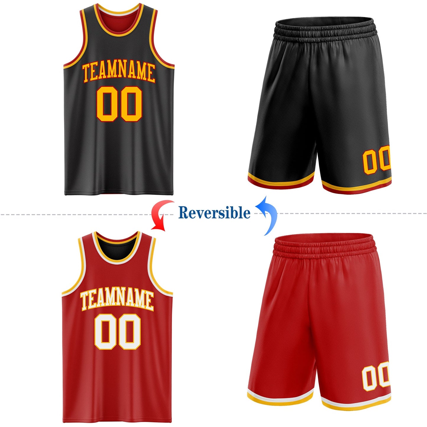 Custom Reversible Black Gold-Red Double Side Sublimation Basketball Set Jersey view 2