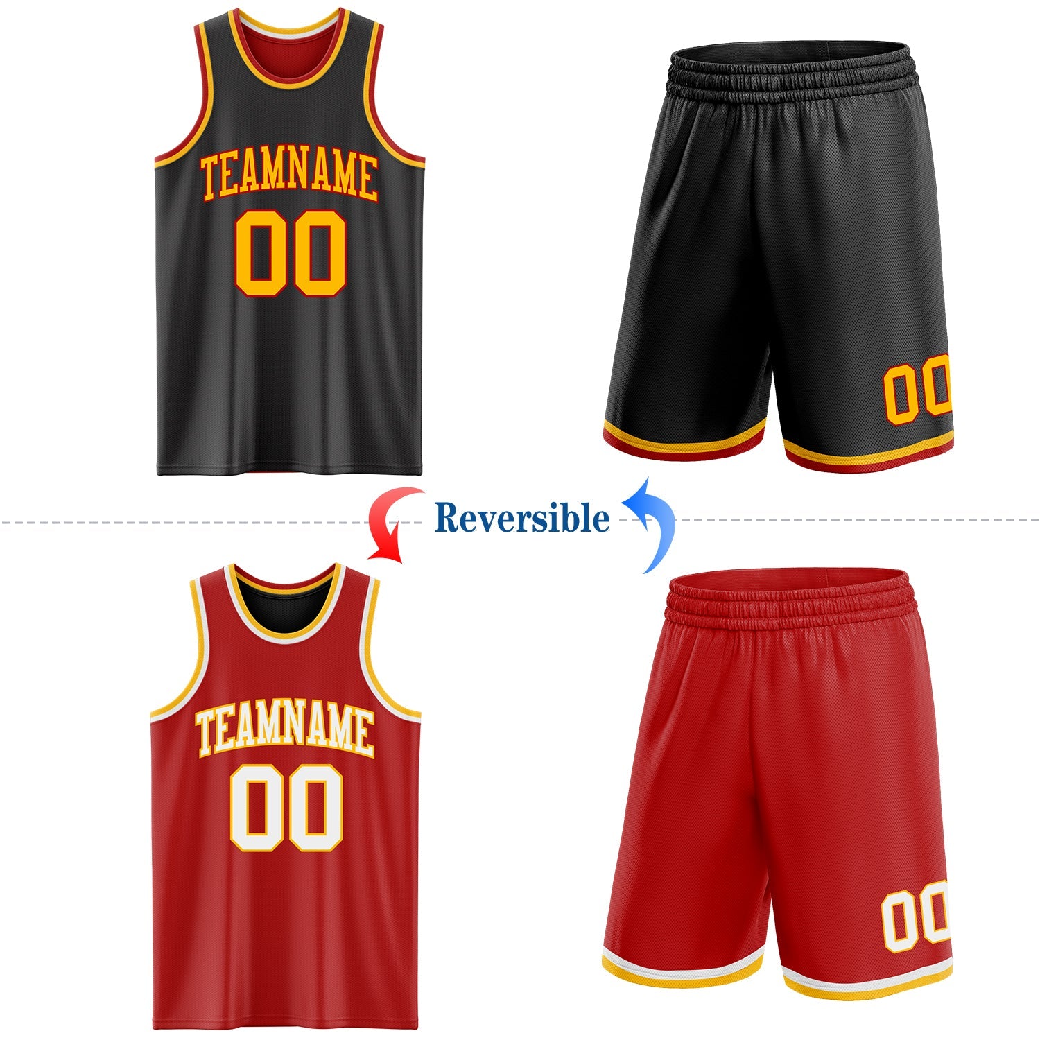 Custom Reversible Black Gold-Red Double Side Sublimation Basketball Set Jersey view 2