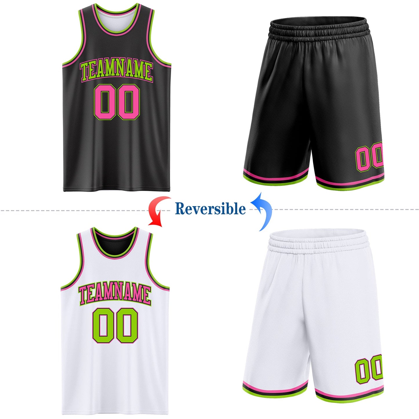 Custom Reversible Black Pink-Neon Green Double Side Sublimation Basketball Set Jersey view 2