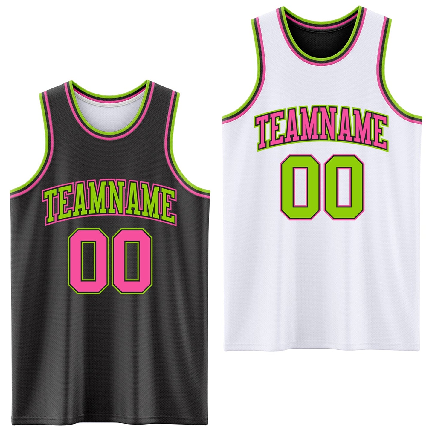 Custom Reversible Black Pink-Neon Green Double Side Sublimation Basketball Set Jersey - Main View
