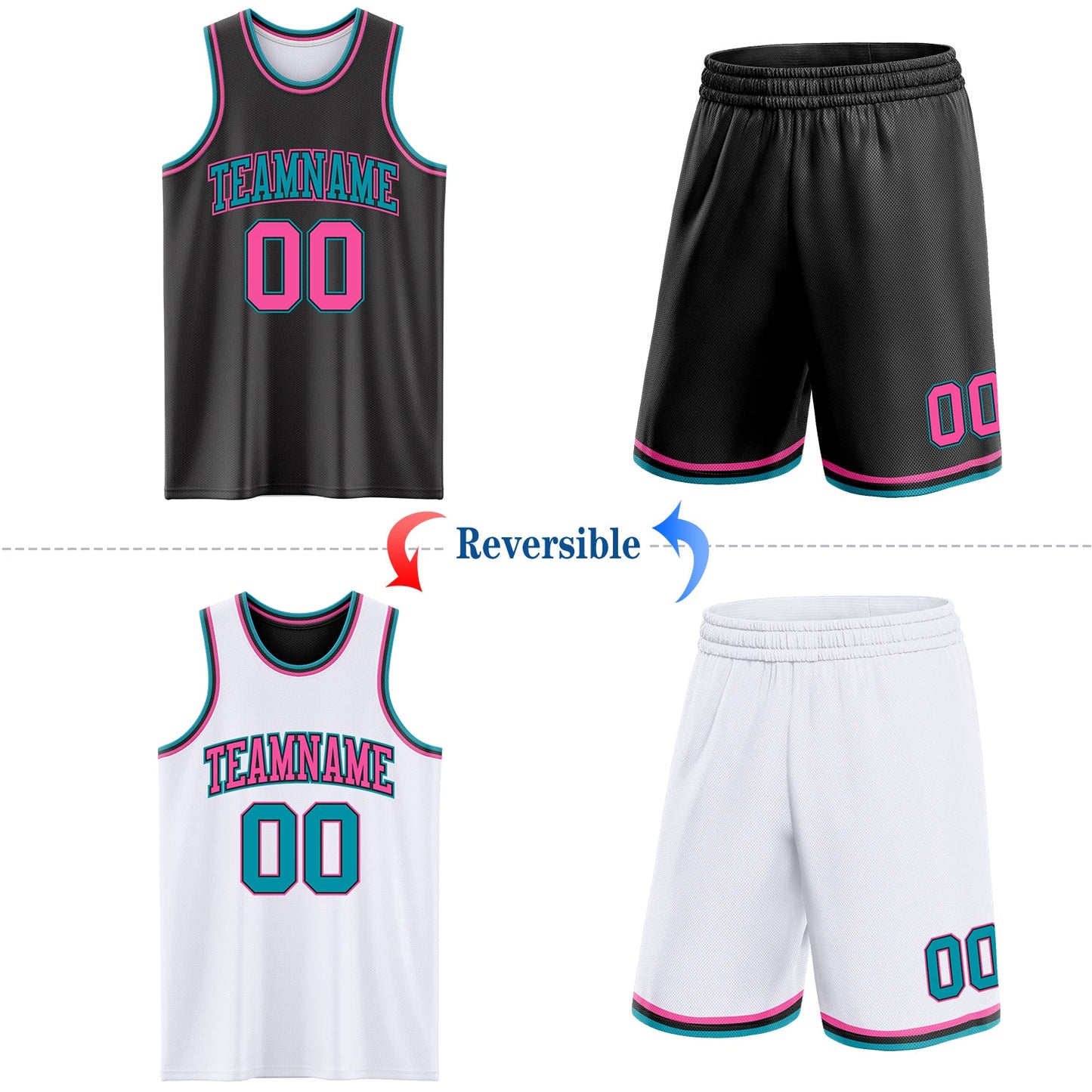 Custom Reversible Black Pink-Teal Double Side Sublimation Basketball Set Jersey view 2