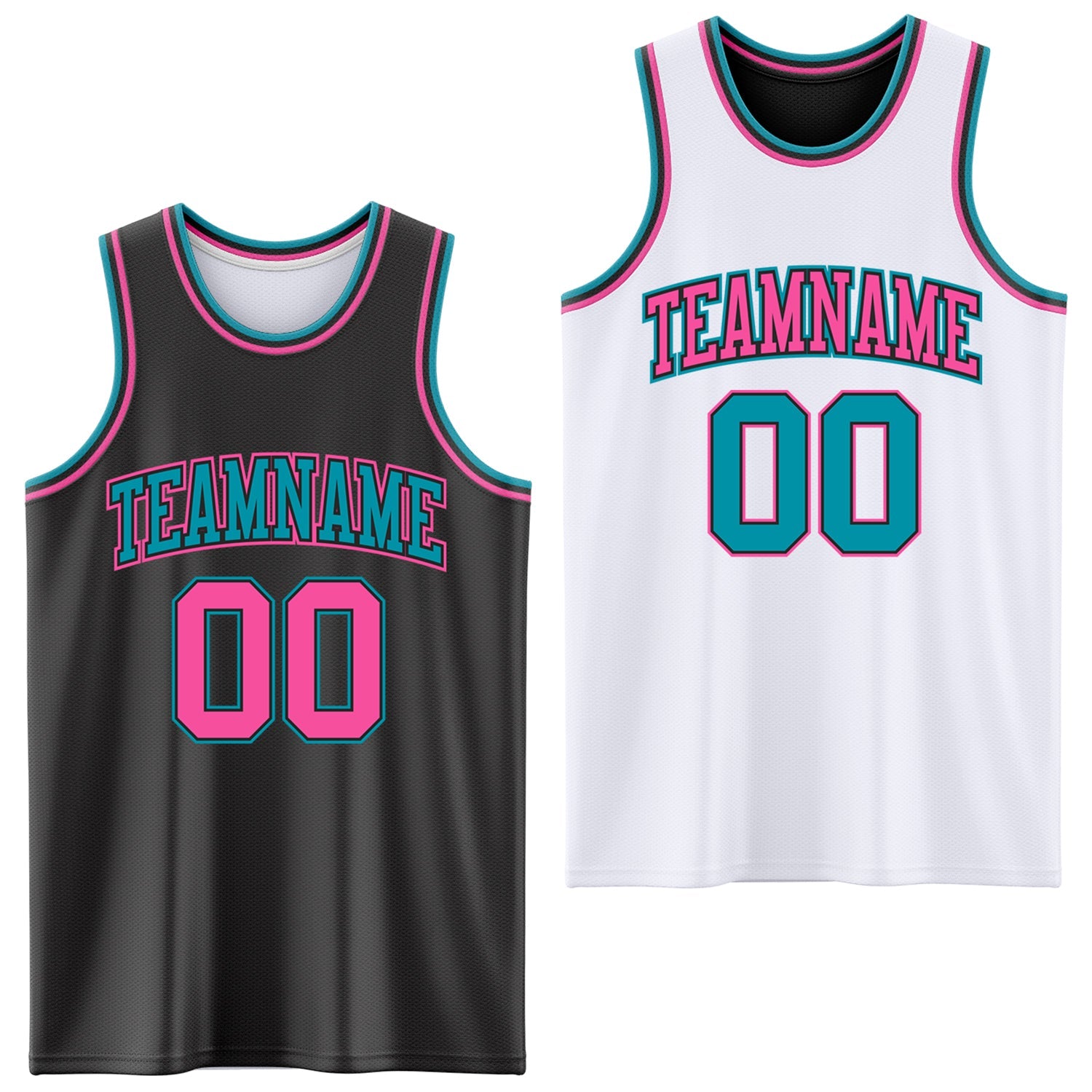 Custom Reversible Black Pink-Teal Double Side Sublimation Basketball Set Jersey - Main View