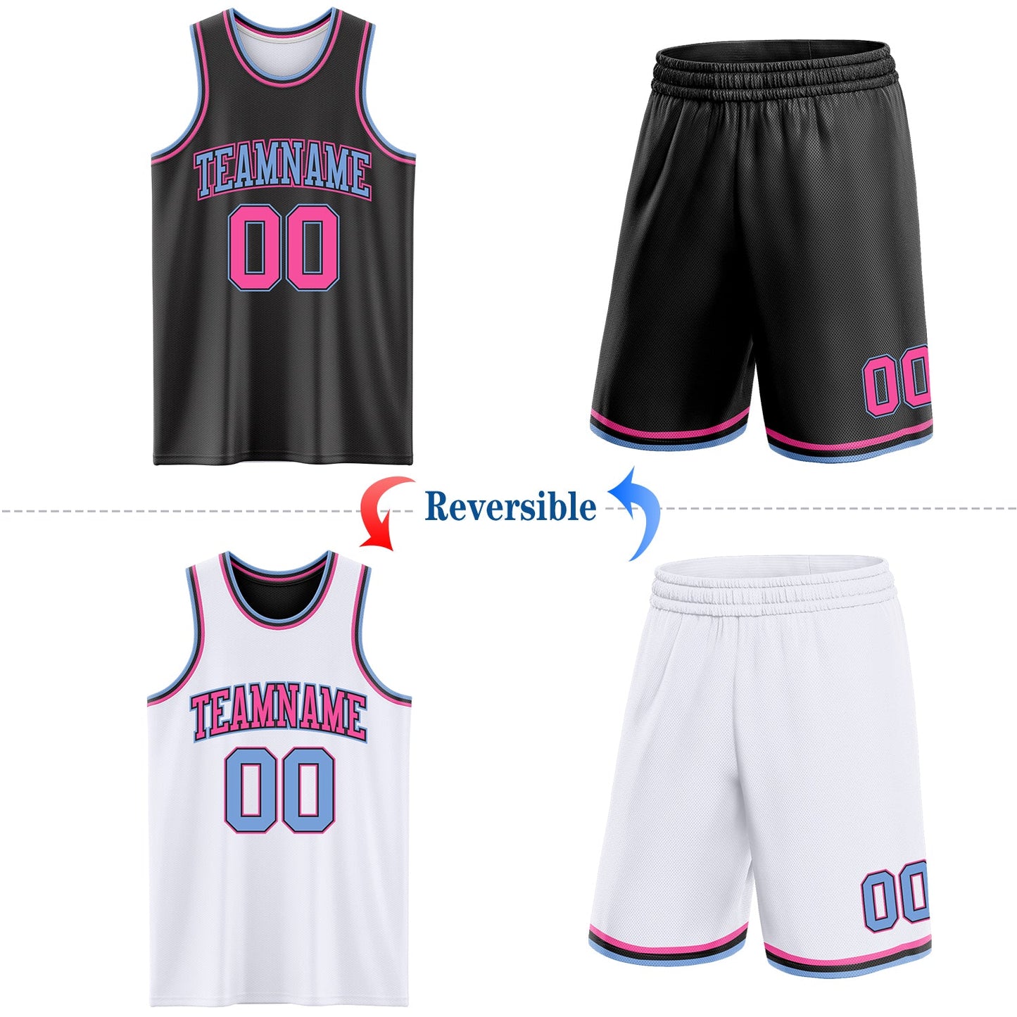 Custom Reversible Black Pink-Light Blue Double Side Sublimation Basketball Set Jersey view 2
