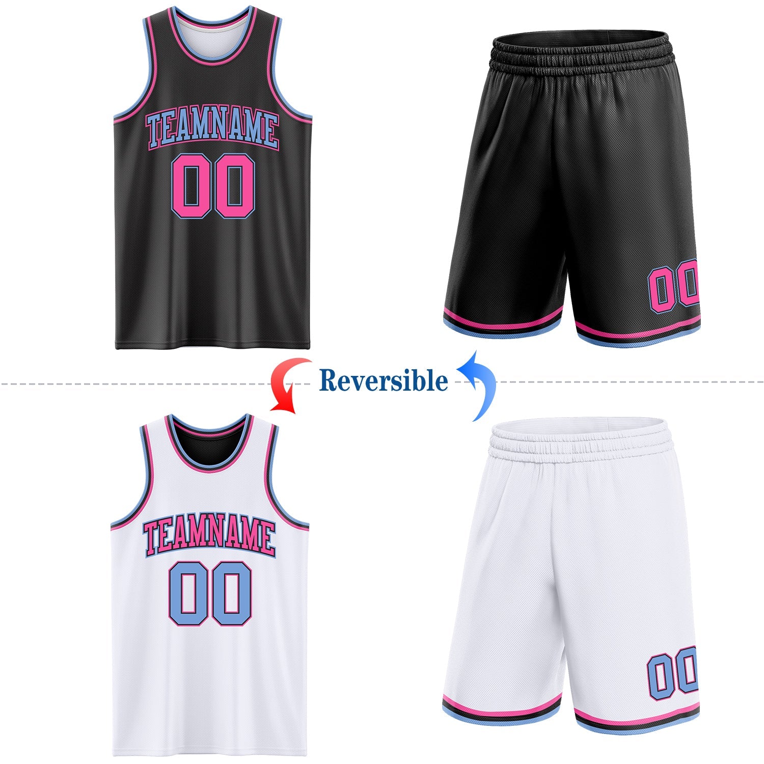 Custom Reversible Black Pink-Light Blue Double Side Sublimation Basketball Set Jersey view 2